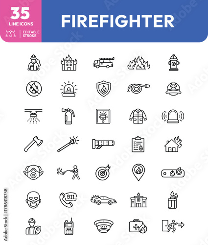Firefighter Line Icons Emergency Response Safety Equipment and Firefighting Tools