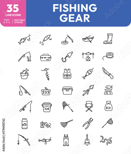 Fishing Gear Icons Rods Lures Boat and More in Outline Style