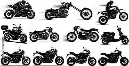 Motorcycle silhouette set, bike icons, sport bike, chopper, dirt bike, touring motorcycle, scooter, black design, rider action, vehicle styles
