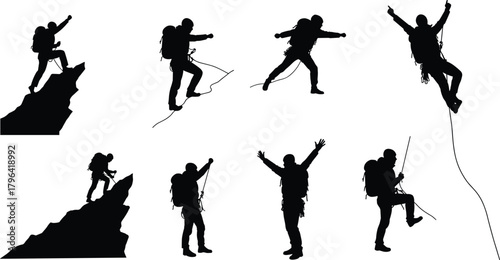 Mountain climber silhouette, adventure vector illustration, hiking pose clipart, black climber icon, rope ascent graphic, outdoor triumph design