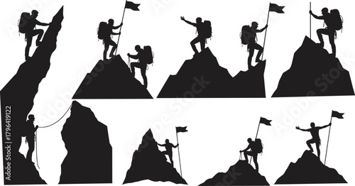 Mountain climber silhouettes, summit achievement, teamwork, flag planting, adventure, perseverance, hiking gear, peak conquest, outdoor challenge, vector illustration, black and white