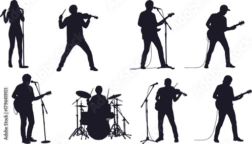 Musician silhouette vector, band performance clipart, black instrument icon, singer guitarist drummer graphic, live music pose design