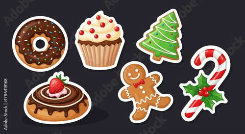A delightful collection of festive treats including a gingerbread man, cupcake, candy cane, donut, and Christmas tree cake