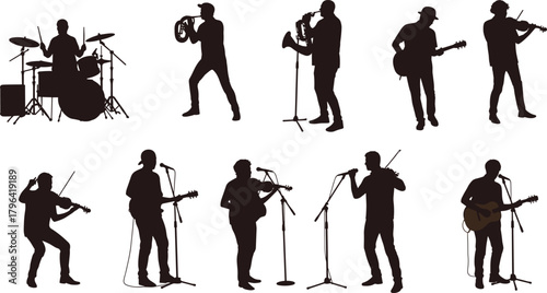 Musician silhouette vector, live performance clipart, black instrument icon, band member graphic, concert pose illustration, music artist design