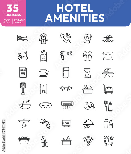 Hotel Amenities Line Icons of Bed Bathrobe Phone Passport Pool and More