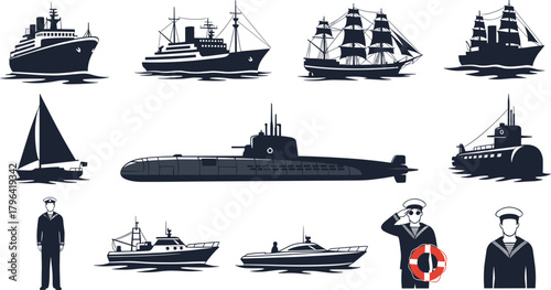 Nautical illustration, ship vector, submarine silhouette, sailing boat, motorboat, sailor icon, maritime theme, sea travel, naval design, ocean transport, cargo ship, historical vessel