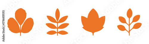 Silhouette leaves collection, botanical foliage shapes, nature plant icons, tree leaf set, autumn greenery, forest elements, cad drawing flat vector illustration