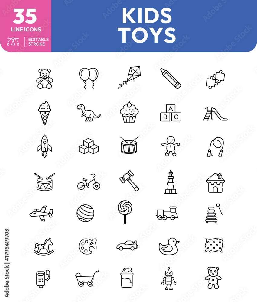 Naklejka premium Line Icon Set of Assorted Toys for Children Including a Teddy Bear and a Rocket
