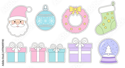 Cute Pastel Christmas Icons Santa, Ornaments, Gifts, and Snow Globe