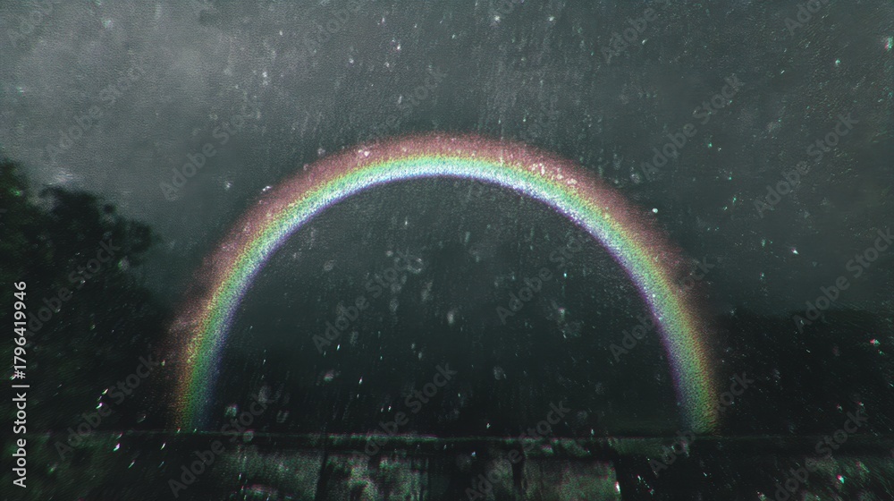 Naklejka premium Nature's contrast a brilliant rainbow amidst stormy skies captured landscape serene environment dramatic viewpoint