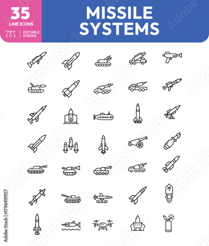 Line Icons Depicting Various Missile Systems Including Rockets Tanks and Launchers