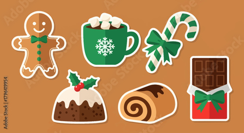 A festive assortment of Christmas treats, including gingerbread, hot chocolate, candy cane, pudding, Swiss roll, and chocolate bar