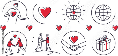 Love and Connection Illustrative Icons Depicting Relationships, Global Care, and Generosity