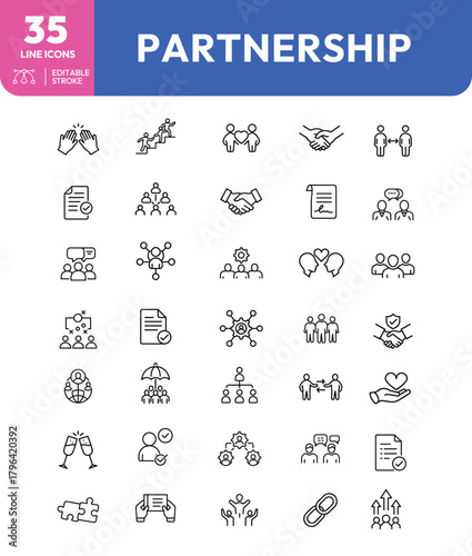 Partnership Line Icons Collaboration Agreement and Teamwork Symbols