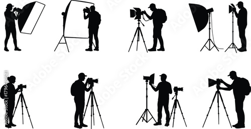 Photographer silhouette vector, camera tripod clipart, studio lighting icon, black photography graphic, equipment setup illustration, photo shoot design