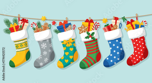 A row of festive Christmas stockings brimming with gifts, candy, and holiday cheer, hanging on a string against a light blue background, perfect for seasonal decoration and celebration