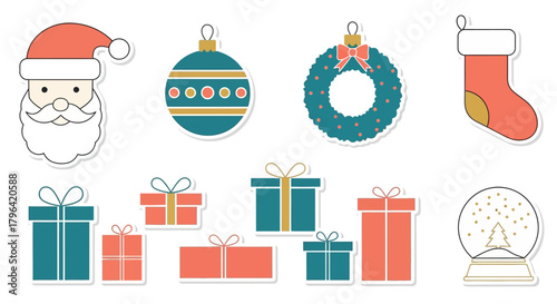 Festive Christmas Icons and Decorations - Santa Claus, Gifts, Wreath, Baubles, Stocking, Snow Globe