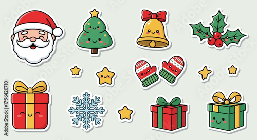 Cute Christmas Kawaii Stickers Santa, Tree, Gifts, Snowflakes, Holly, and Bells