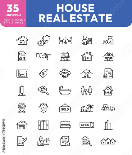 Real Estate Icons A Collection of Line Art Depicting Home Ownership and Property