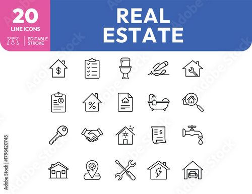 Real Estate Line Icons Home Finance and Property Management Symbols