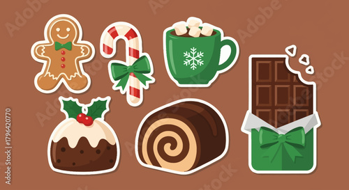 A collection of festive holiday treats including gingerbread man, candy cane, hot chocolate, Christmas pudding, and chocolate roll