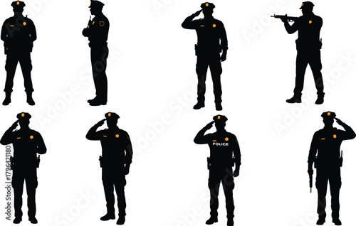 Police officer silhouette, law enforcement vector, armed cop illustration, standing police clipart, black uniform icon, security personnel graphic