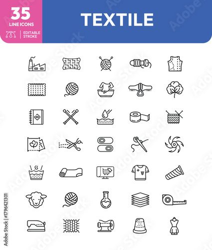 Textile Icons Sewing Machine Yarn Fabric Knitting and Clothing Design Elements