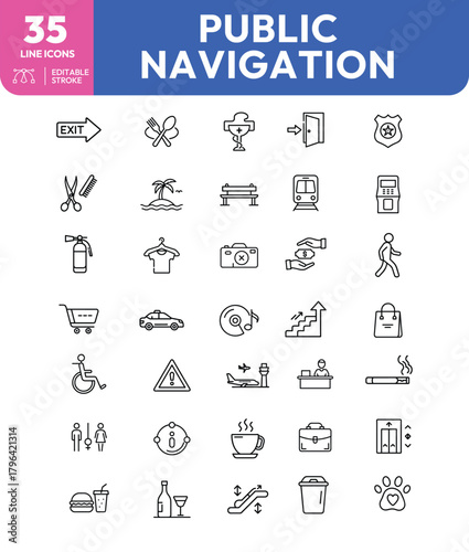 Thirtyfive public navigation line icons featuring exit signs food travel and accessibility
