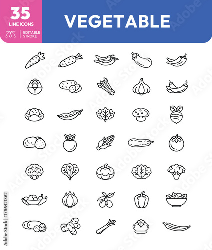 Vegetable icons set A collection of thirtyfive outlined editable stroke vegetable icons