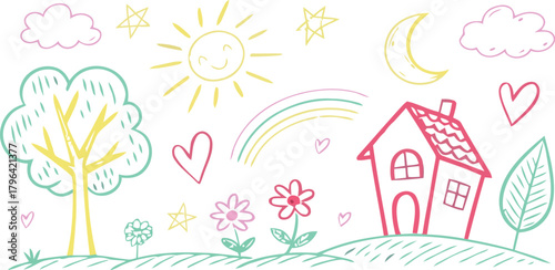 A whimsical drawing of a child's play scene with a smiling sun, a house, rainbow, trees, and flowers, set against a green, scribbled landscape
