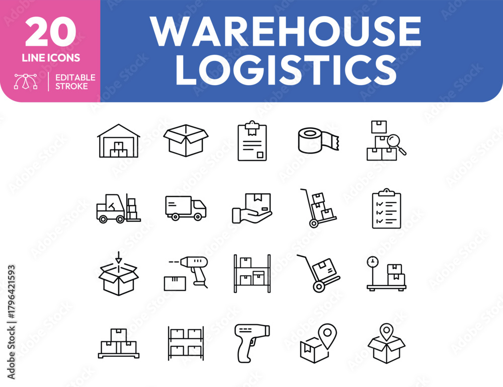 Fototapeta premium Warehouse Logistics Line Icons Inventory Shipping and Distribution Elements