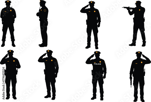 Police officer silhouettes, law enforcement poses, black vector clipart, saluting figures, firearm stance, uniformed personnel, public service icon, security design