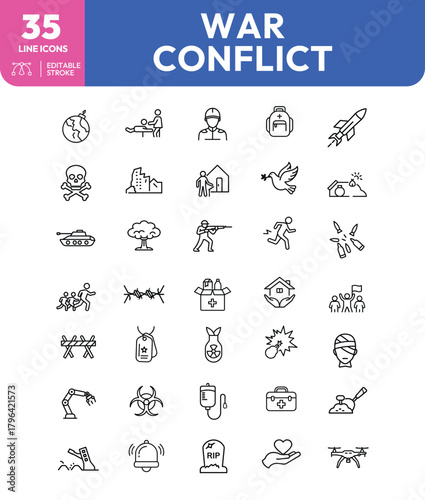 War and Conflict Line Icons A Collection of ThirtyFive Editable Stroke Symbols