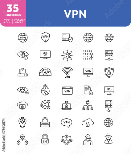 VPN Security Icons Network Protection Data Encryption and Anonymous Browsing Line Art