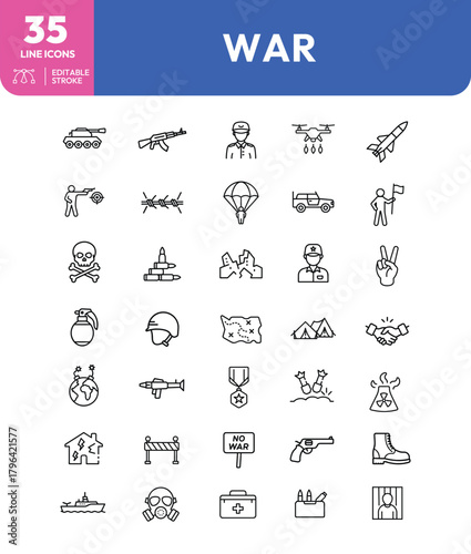 War and Conflict Line Icons Military Vehicles Weapons and Human Impact