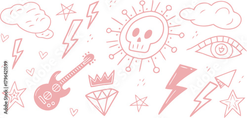 Pink Doodles of Rock Music Symbols, a Diamond, a Crown, and a Skull with Stars and Clouds