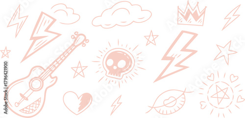 A creative collection of hand-drawn rock and roll icons. Sketchy punk music symbols like guitars, skulls, lightning bolts, and stars on a white background