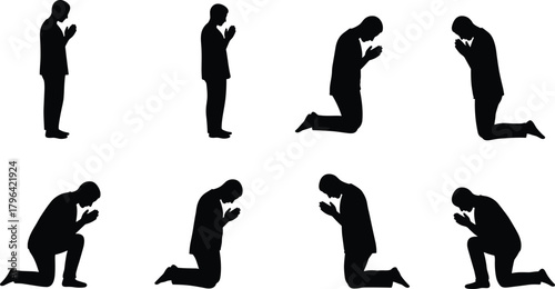 Prayer silhouette, kneeling man, spiritual posture, religious devotion, worship pose, humble gesture, faith illustration, black figure, meditation art, contemplation