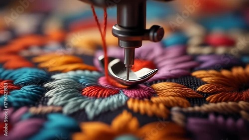Close-up of a sewing machine needle embroidering colorful floral patterns on dark fabric with red thread.