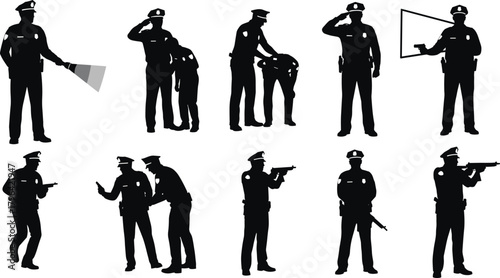 Police officer silhouettes, law enforcement poses, tactical actions, arrest scenes, patrol duty, handgun, rifle, flashlight, salute, interaction, authority, public safety