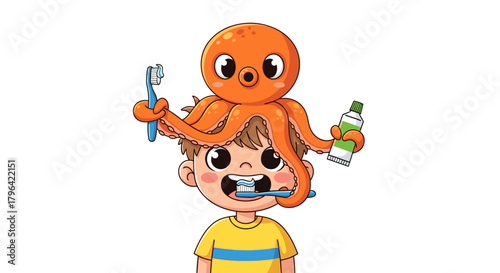 A cheerful cartoon boy and his playful orange octopus friend making dental hygiene fun, promoting good oral health habits for children with a whimsical touch