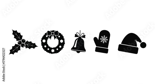 Collection of black christmas icons including holly wreath bell mitten and santa hat