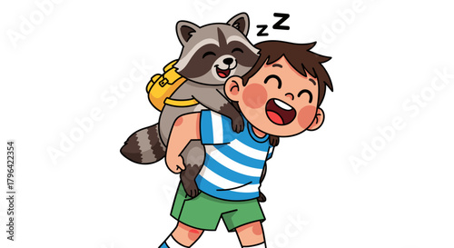 Playful Raccoon Rides on a Boy's Shoulders, Depicting Friendship and Joyful Adventure