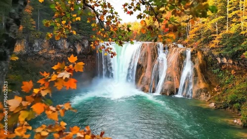 Breathtaking landscape of a cascading waterfall flowing into a clear blue river, framed by golden autumn leaves in a tranquil forest