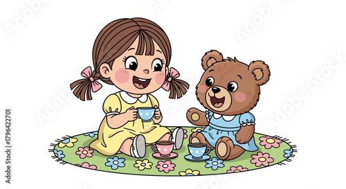 Tea Party Fun A Cute Girl and Her Teddy Bear Sharing a Playful Tea Time