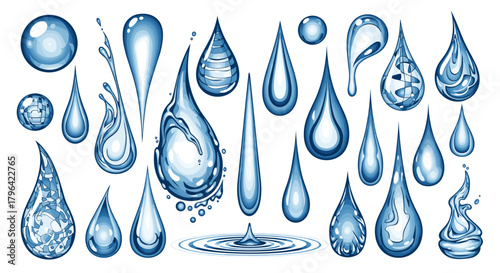 A collection of various illustrated blue water drops, showing different forms like splashes, ripples, and teardrops on a white background.