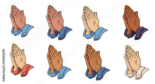 A collection of eight illustrated pairs of praying hands with diverse skin tones and sleeve colors.