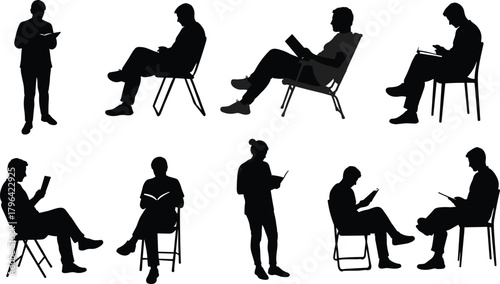 Reading silhouette vector, seated person clipart, book lover icon, black figure illustration, quiet study pose, literature graphic design