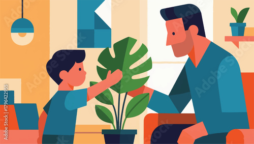 Illustration Of A Father And Son Caring For Plants Vector Design Template