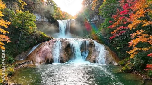 The majestic beauty of a cascading waterfall flowing through a vibrant autumn forest with a sun flare and a rainbow